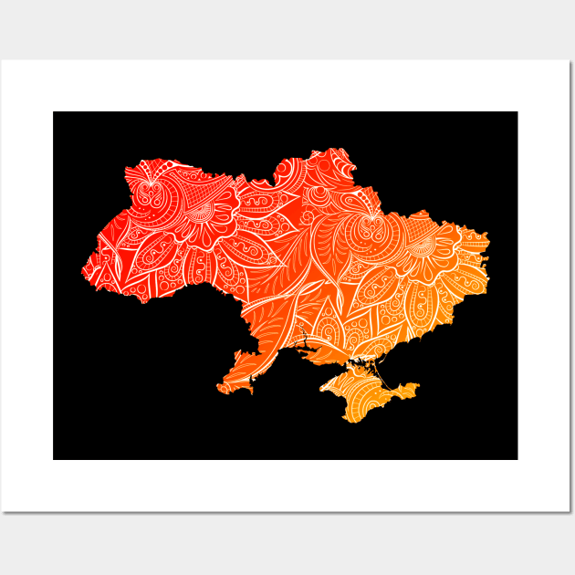 Colorful mandala art map of Ukraine with text in red and orange Wall Art by Happy Citizen